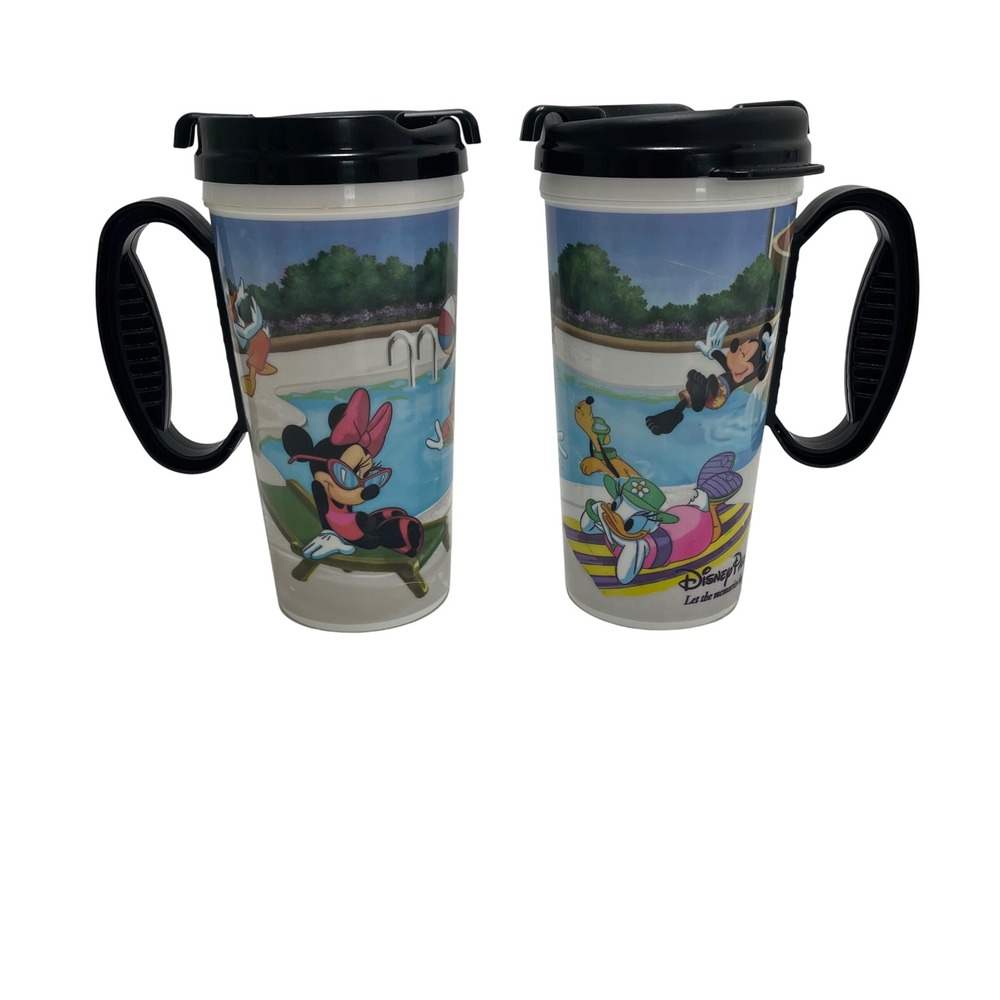 Disney Parks Mickey‎ Minnie Poolside Travel Mug Set of 2 Whirley Plastic 7.5in